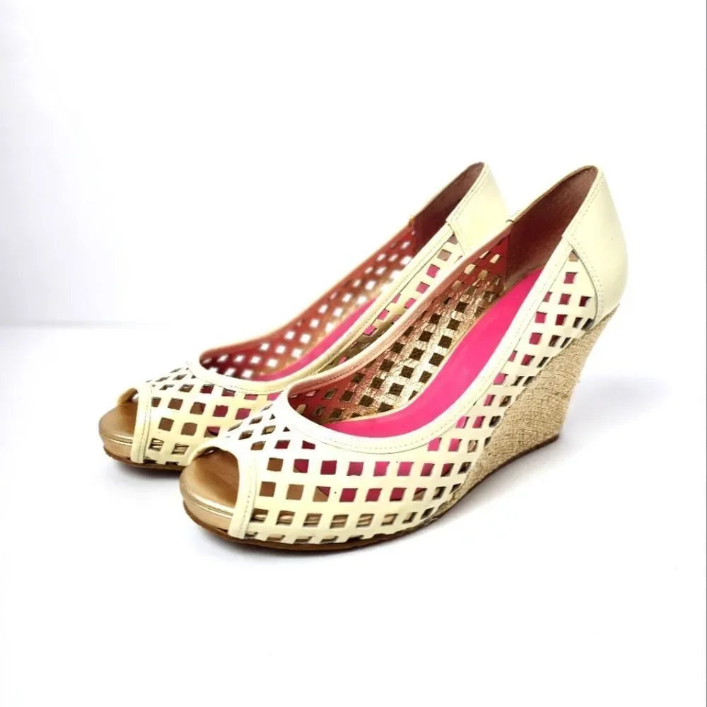Lilly Pulitzer Resort Chic Basketweave Patent Leather Wedge Cream Size 9.5M US